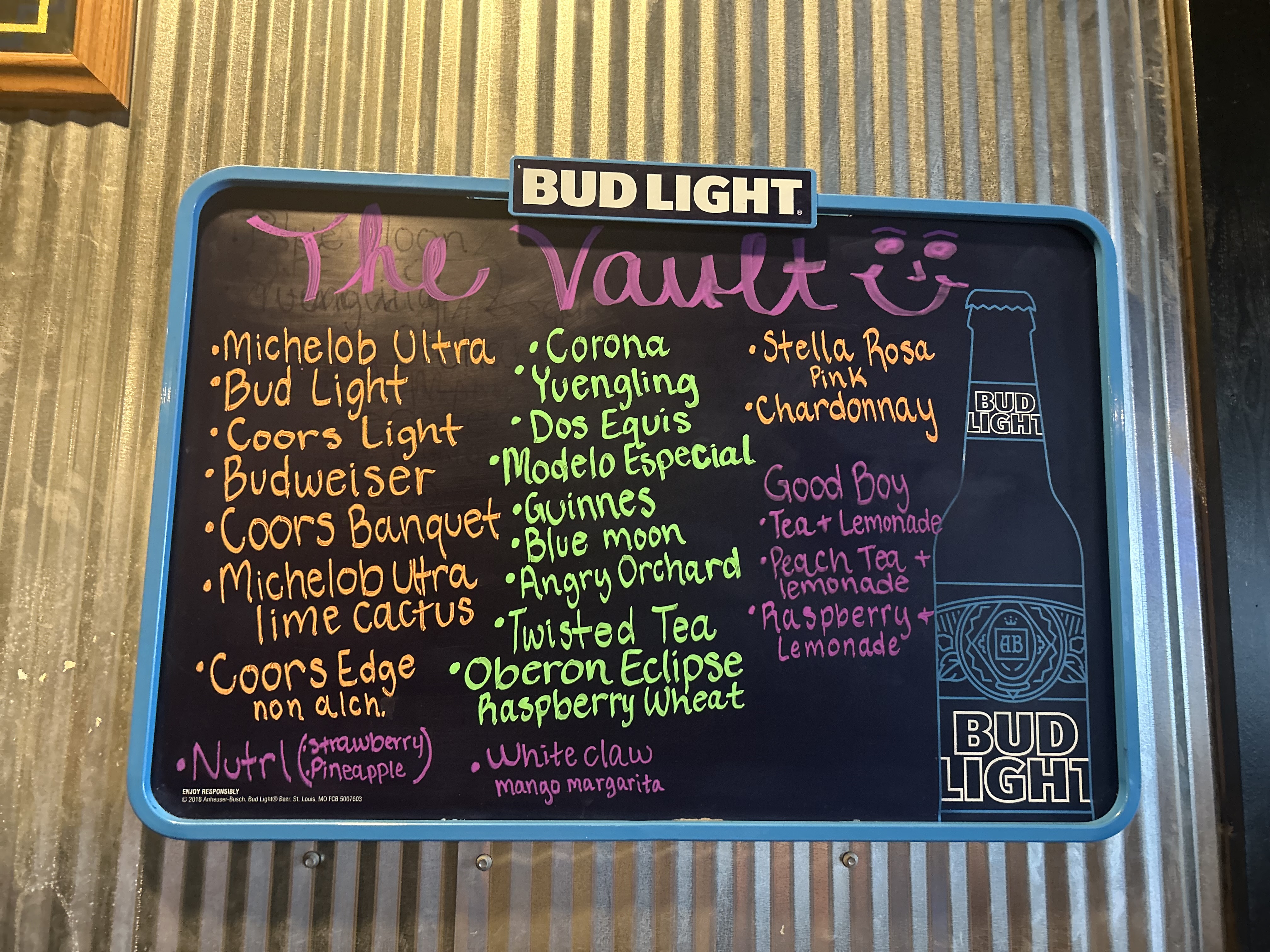 The Vault drink menu board — full list of beers, seltzers, canned cocktails, and Good Boy drinks