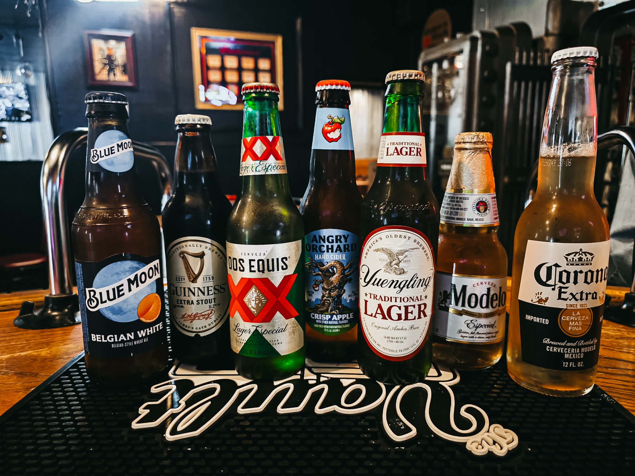 Import beer bottle lineup at The Vault bar